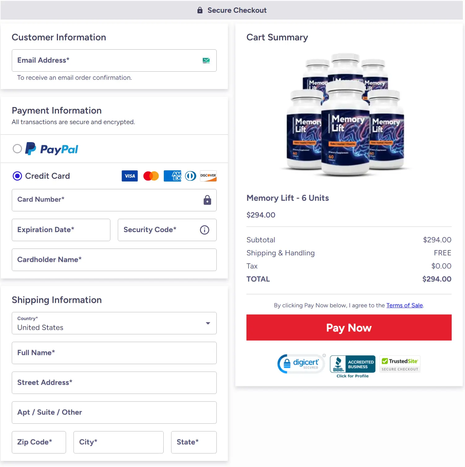 Memory Lift Checkout Page